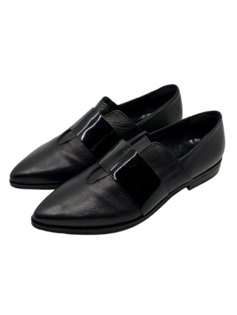 BARNEYS NEW YORK~Black Leather Pointed Toe Loafers Flats w/Patent Strap 38 / 7.5